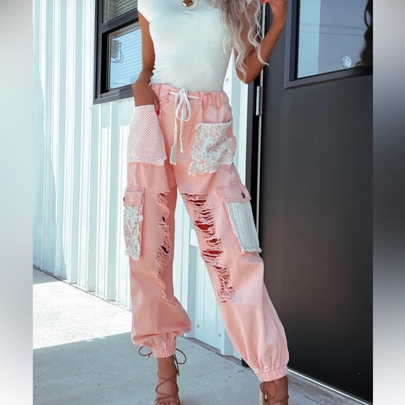 POL Clothing Peach Patchwork Crochet Lace Drawstring Distressed Jogger - Picture 10 of 10